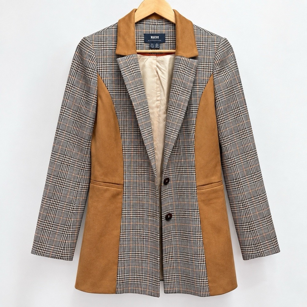 Maeve by Anthropologie Plaid & Faux Suede Long Blazer – Size 8